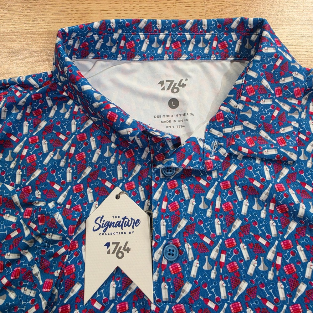 1764 Golf Polo Mens Large Wine Bottle Novelty Print Blue Short Sleeve Shirt NWT